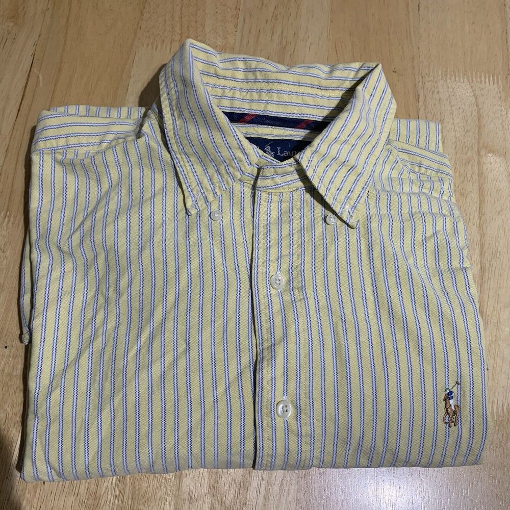 Ralph Lauren Mens Shirt XL Classic Fit Yellow Stripes Button Down Long Sleeve
